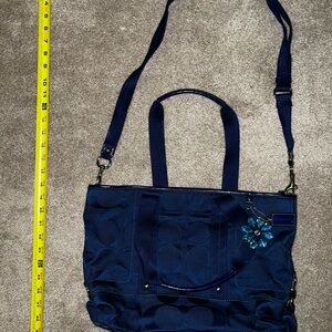 Vintage Y2K Coach Navy Blue Tote Bag with Floral Accent and Shoulder Strap